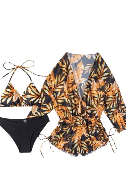 Costum de baie 3 piese cu salopeta Imperia cu slip brazilian, Galben