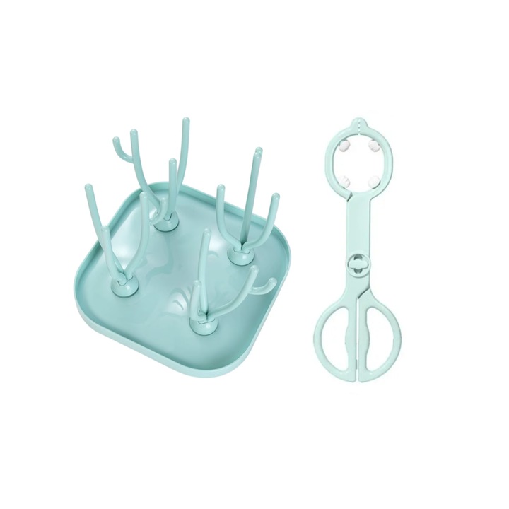 Suport pentru uscare biberoane, Set cu Cleste pentru Sticle, Cleme Anti-alunecare, Verde