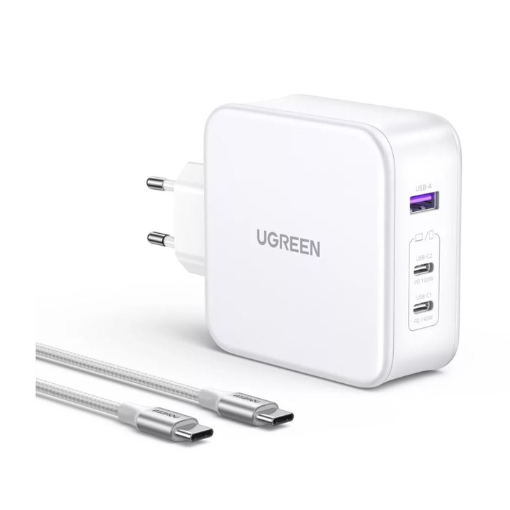 Мрежово зарядно Ugreen, Nexode "CD289" Quick Charge 140W GaN, 1 x USB, 2 x USB Tpe-C, бяло