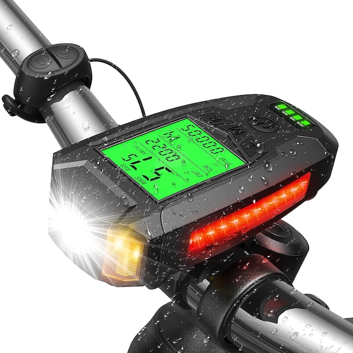 LED фенерче за велосипеди, URWANDER®, водоустойчиво, USB презареждаемо, 5 режима на осветяване, със скоростомер, брояч на калории