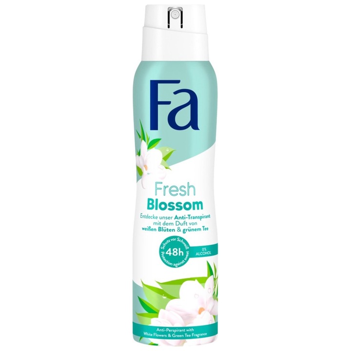 Deodorant spray anti-transpirant Fa, Fresh Blossom, cu parfum floral si ceai verde, protectie pana la 48h, 150 ml