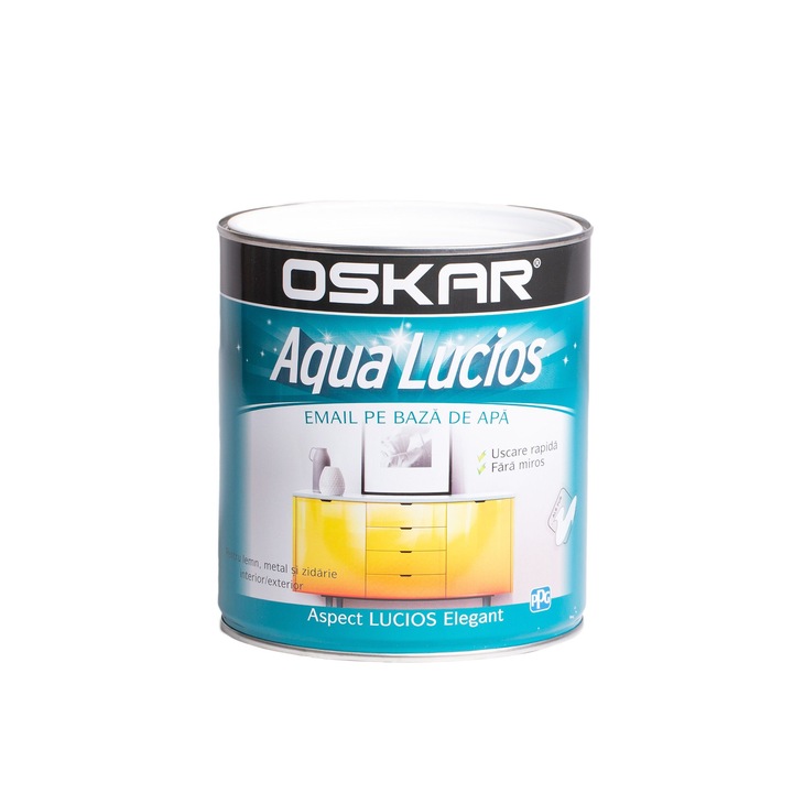 Email pe baza de apa Oskar Aqua Lucios, pentru lemn si metal, alb pur, aspect lucios, 2.5 L