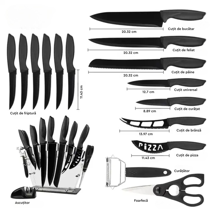 Set de cutite pentru bucatarie, Simply Joy, 17 piese, cu suport acrilic, Foarfeca si Dispozitiv de Ascutit inclus, plus Decojitor fruncte/legume, Otel Inoxidabil, Negru
