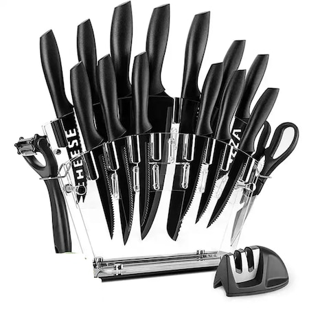 Set de cutite pentru bucatarie, Simply Joy, 17 piese, cu suport acrilic, Foarfeca si Dispozitiv de Ascutit inclus, plus Decojitor fruncte/legume, Otel Inoxidabil, Negru