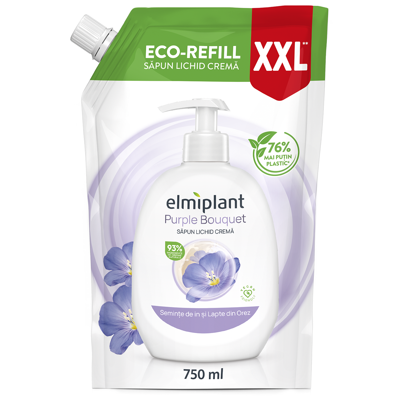 Rezerva sapun lichid crema Seminte de in & Lapte din Orez, Elmiplant, 750 ml