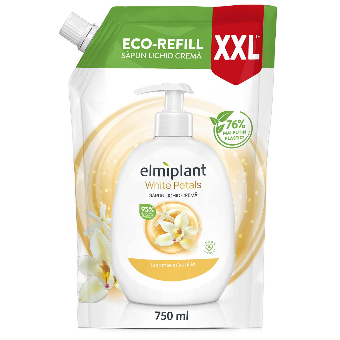 Rezerva sapun lichid crema Iasomie & Vanilie, Elmiplant, 750 ml