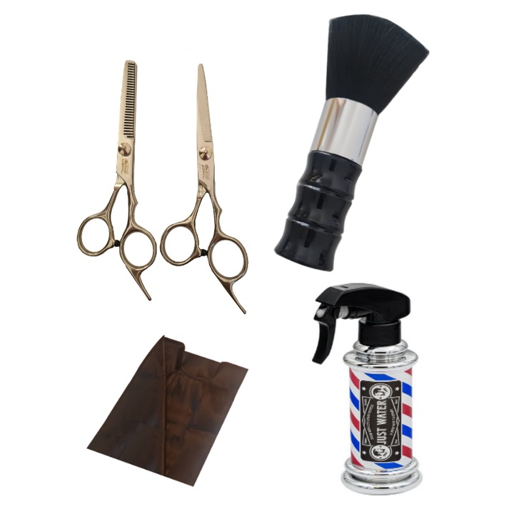 Pachet profesional pentru tuns, Foarfeca tuns, Foarfeca filat, Pelerina, Sticla coafor spray, Pamatuf frizerie si coafor