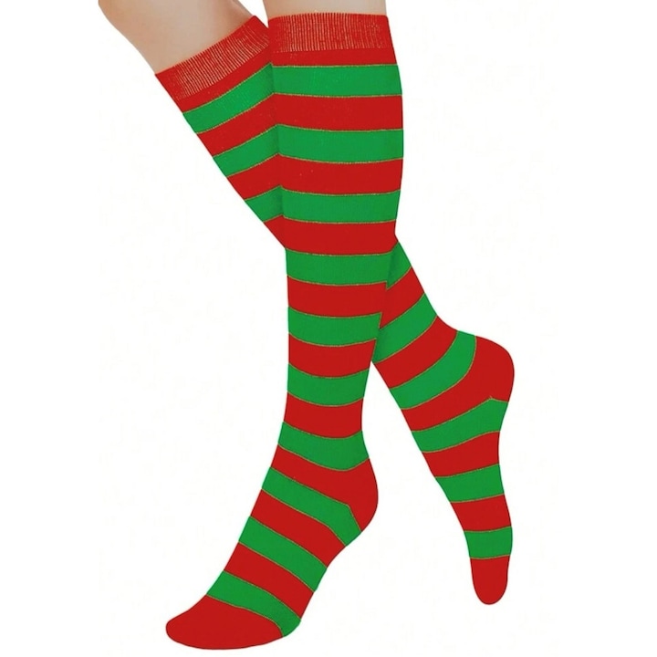 Sosete copii spiridus, elf, lungi, in dungi rosu cu verde, 6-8 ani