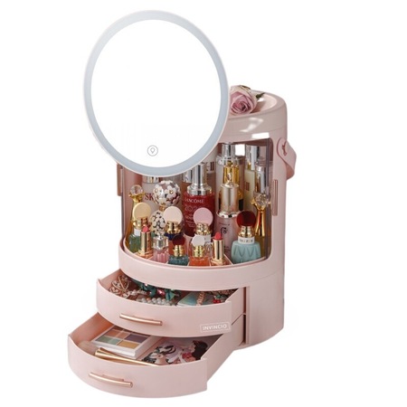 Organizator cosmetice INVINCIO Glam, 2 sertare, compartiment rotativ pentru recipiente inalte, oglinda make-up iluminata si reglabila, culoare roz pal