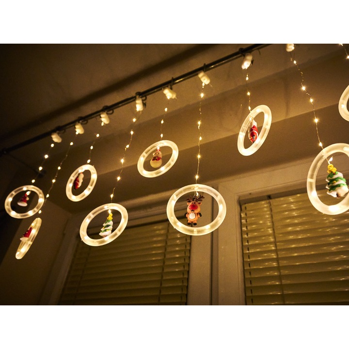 LED инсталация, тип завеса, коледни фигурки, ел. захранване, топло бяло, 125 светодиода, 3 м