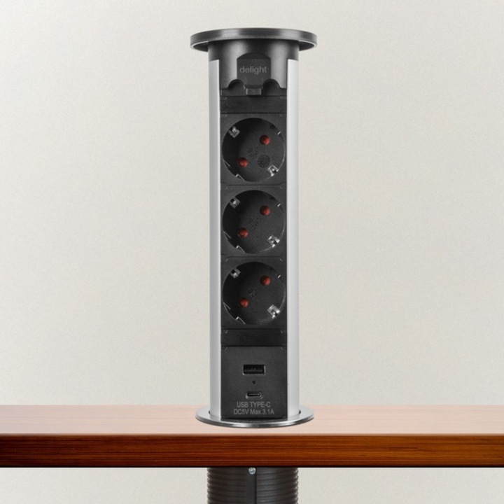 Motoros rejtett elosztó - 3-as + 2 USB - ezüst