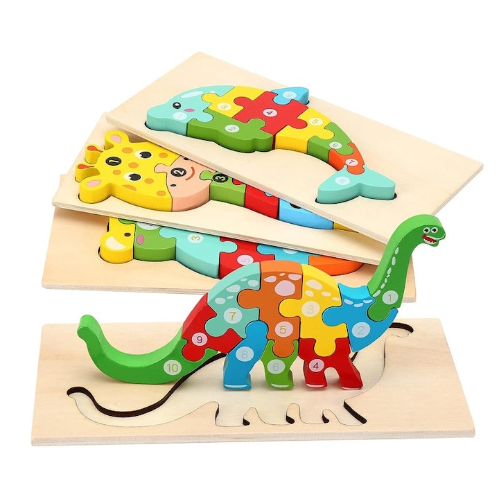 OEM Gyerek puzzle készlet, fa, 4 részes, 3 év felett, állatmodell, 3D, többszínű