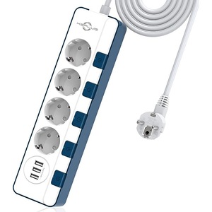 Prelungitor KePlug, 4 Prize, 3 Porturi USB, Protectie impotriva Supratensiunii, 4000W, 16 A, Buton ON/OFF pentru fiecare priza, Cablu de 2 m, Albastru