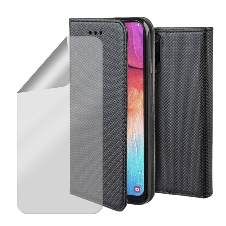 Set Husa Flip din Piele si Folie Silicon Clear pentru Samsung Galaxy S20 FE / S20 Lite / S20 FE 5G, Texture Design, Hydrogel Regenerabil, Inchidere Magnetica, Smart Soft Close, Tip Carte, Buzunar Portofel, Negru