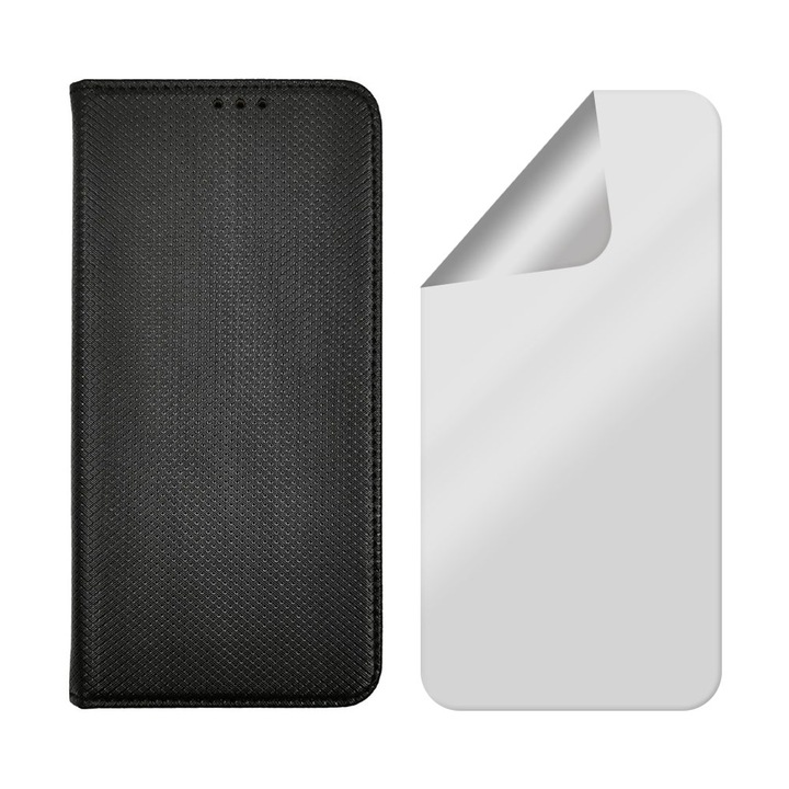 Комплект капаци с кожено и прозрачно силиконово фолио за Alcatel Pixi 4 5.0 4G, текстурен дизайн, регенеративен хидрогел, Optim Protect с магнитно затваряне, Smart Soft Close, тип книга, джоб за портфейл, черен