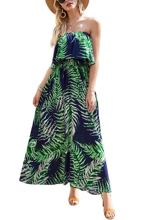 Nyári ruha, Jormftte, hosszú, pánt nélküli, kék, boho, levelek