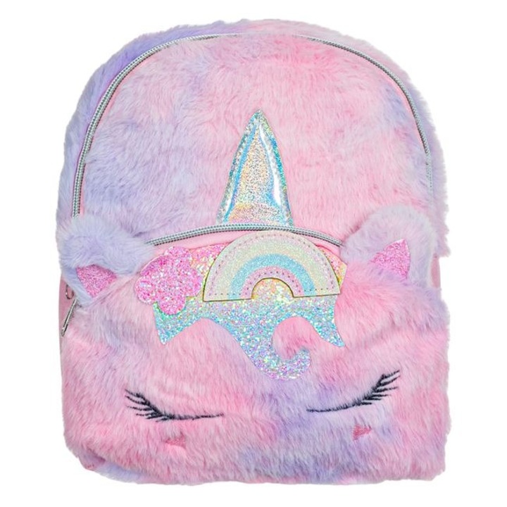 Shopiens® iskolatáska lányoknak, unikornis modell szőrmével és szivárványos 3D elemekkel, 19 x 7 x 25 cm