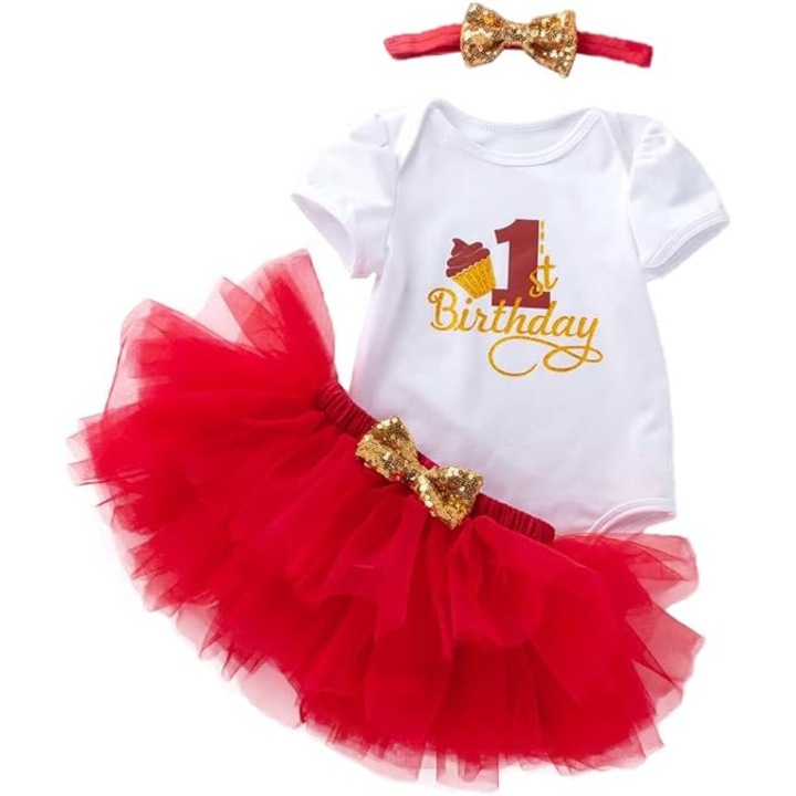 Set aniversar 1 ani Prajiturica, body alb maneca scurta, fusta tull rosie si bentita 80cm