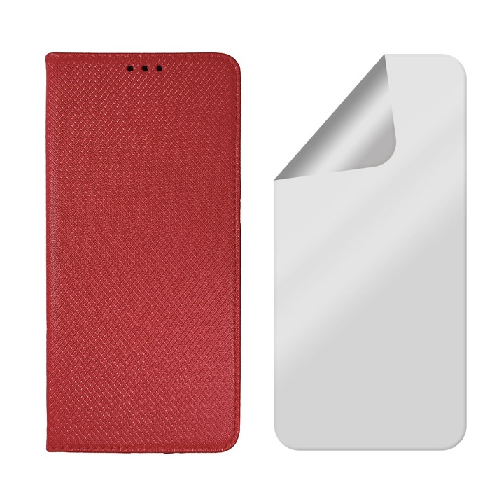 Комплект капаци от кожено и силиконово фолио, съвместими с Honor Magic 5 Lite / Honor X40 5G / Honor X9A, текстурен дизайн, регенерируем хидрогел, магнитно затваряне, интелигентно плавно затваряне, тип книга, джоб за портфейл, червен