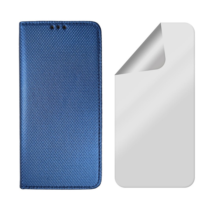 Комплект капаци от кожа и прозрачно силиконово фолио за Realme GT 5G, дизайн на текстура, регенерируем хидрогел, магнитно затваряне, интелигентно плавно затваряне, тип книга, джоб за портфейл, син