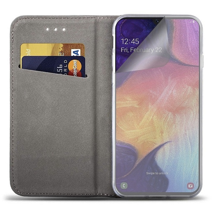 Комплект капаци от кожено и силиконово фолио, съвместими с Apple iPhone 15 Plus, текстурен дизайн, регенеративен хидрогел, магнитно затваряне, интелигентно плавно затваряне, тип книга, джоб за портфейл, злато