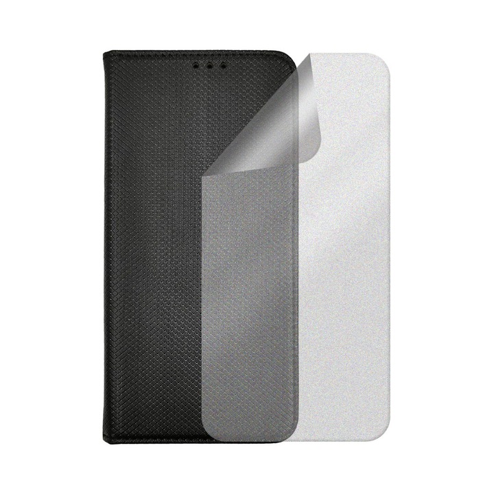 Кожено и матово силиконово фолио флип капак за Vivo X60 Pro, дизайн на текстура, регенерируем хидрогел, защита срещу пръстови отпечатъци, магнитно затваряне, интелигентно плавно затваряне, тип книга, джоб за портфейл, черен