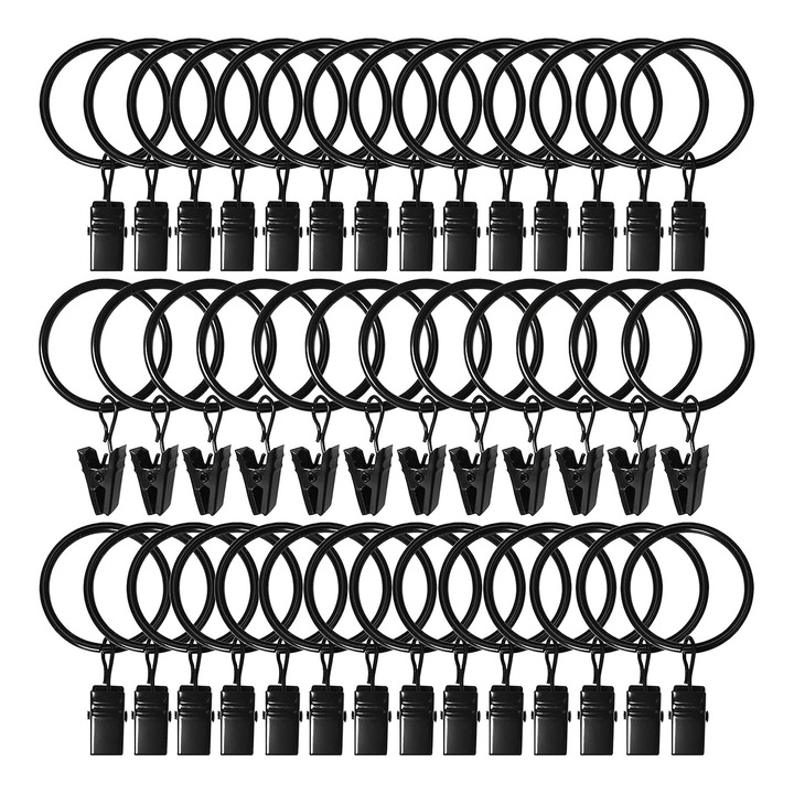 Set 40 inele perdea, zggzerg, Diametrul interior 35mm, Se potriveste pana la tija de 30 mm, Agatarea si fixarea usoara, Potrivit pentru dormitor camera de zi magazin de cafea birou sala de sedinte, Negru