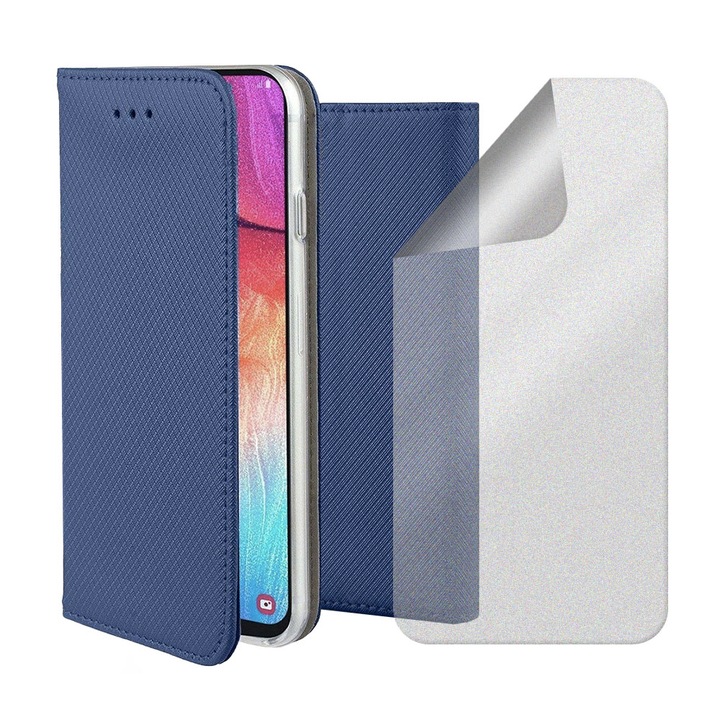 Комплект капаци от кожено и матово силиконово фолио за Apple iPhone 15 Pro, дизайн на текстура, регенерируем хидрогел, защита срещу пръстови отпечатъци, магнитно затваряне, интелигентно плавно затваряне, тип книга, джоб за портфейл, син