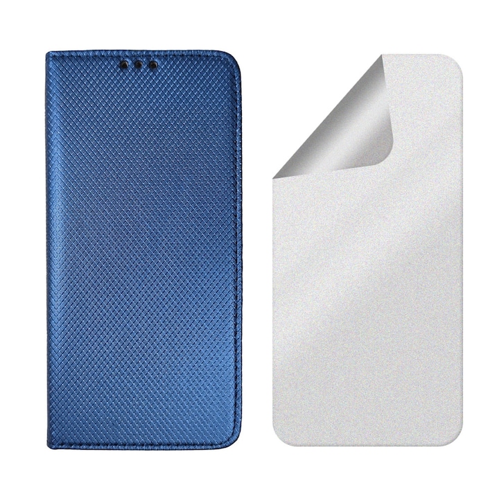 Flip tok és matt fólia készlet, Xiaomi Redmi Note 12 Pro 4G / Note 11 Pro 4G / Note 11 Pro 5G készülékhez, regenerálódó szilikon hidrogél, ujjlenyomat-mentes fólia, texturált bőr felületű, mágneses lágy záródású, kihajtható, kártyatartós tok, kék