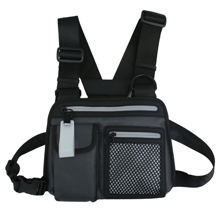 QttvbTna taktikai mellény típusú táska, több rekeszes, vízálló, állítható, fekete, 23x30 cm