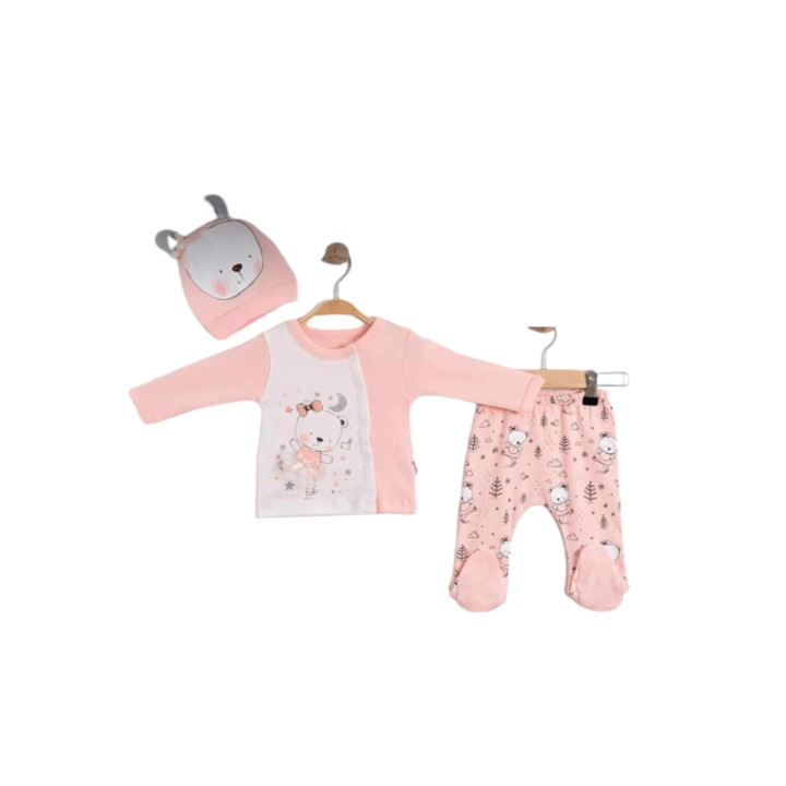 Compleu copii, 3 piese, Bubu-Still, 1-3 luni, 52-56 cm, Animalute nazdravane, Roz cu irizatii