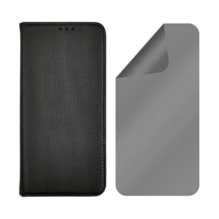 Комплект кожени и силиконови капаци за поверителност за Motorola Moto G8 Power, дизайн на текстура, регенеративен хидрогел, анти-шпиониране, магнитно затваряне, интелигентно плавно затваряне, тип книга, джоб за портфейл, черен
