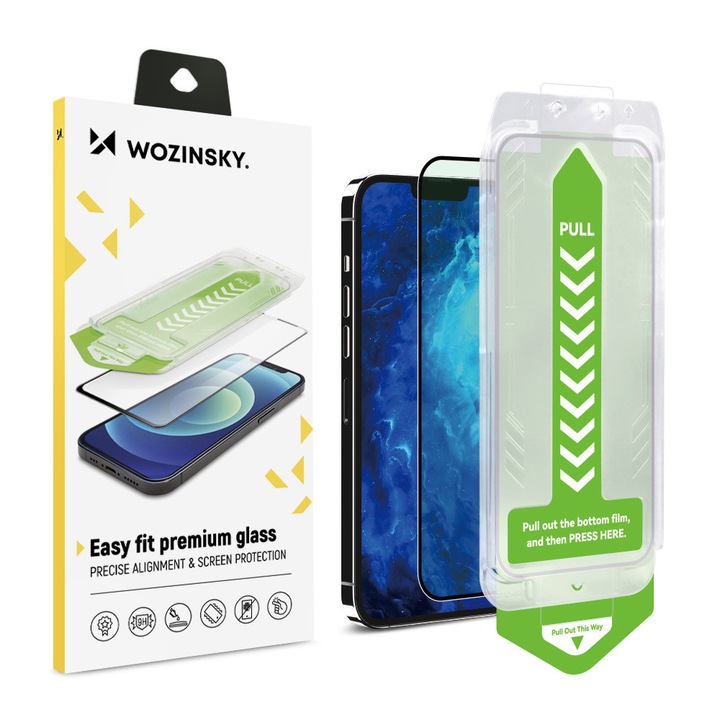 Wozinsky Premium 9h edzett üvegfólia szerelőkerettel iPhone 14 Plus készülékhez, fekete