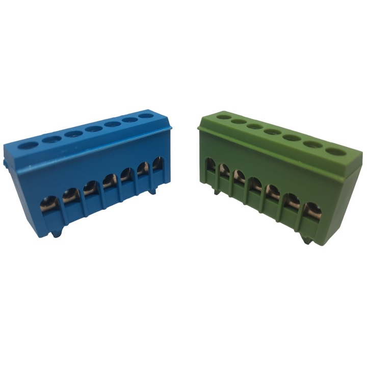 Set cleme bloc terminal barete pentru impamantare si nul albastra si verde pe sina 7 gauri max 16mm² 63A izolate