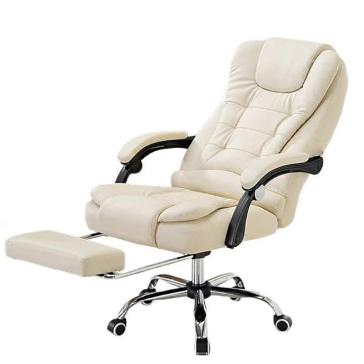Scaun de birou cu suport pentru picioare, Ecarla, Piele ecologica, Roti din plastic, Ergonomic, Rabatabil, Maxim 150 kg, Crem