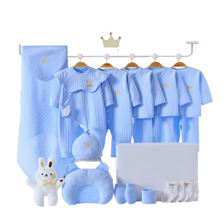 Set hainute de vara, de culoare albastra, format din 20 piese, din bumbac 100%, pentru nou-nascut, marimea 50-62 cm, (0-3 luni)