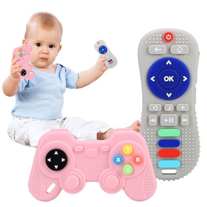 Hazelnut, Szilikon rágóka készlet, TV távirányító és játékvezérlő, Ajándék babának, HA002, 2 darab, Rózsaszín és szürke