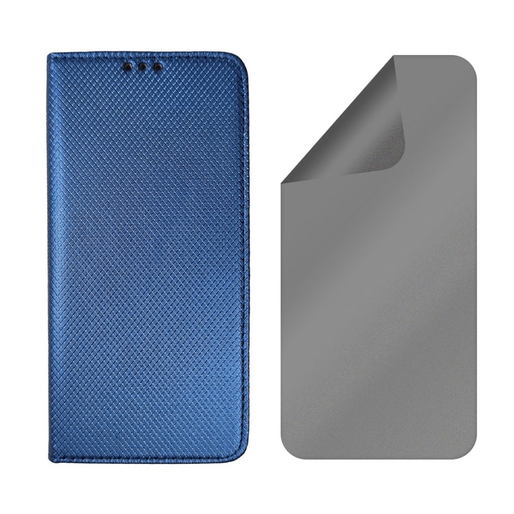 Кожен калъф и силиконово фолио Flip Cover Set за Xiaomi Redmi Note 10 5G / Poco M3 Pro / M3 Pro 5G, дизайн на текстура, регенерируем хидрогел, анти-шпиониране, магнитно затваряне, плавно затваряне, син