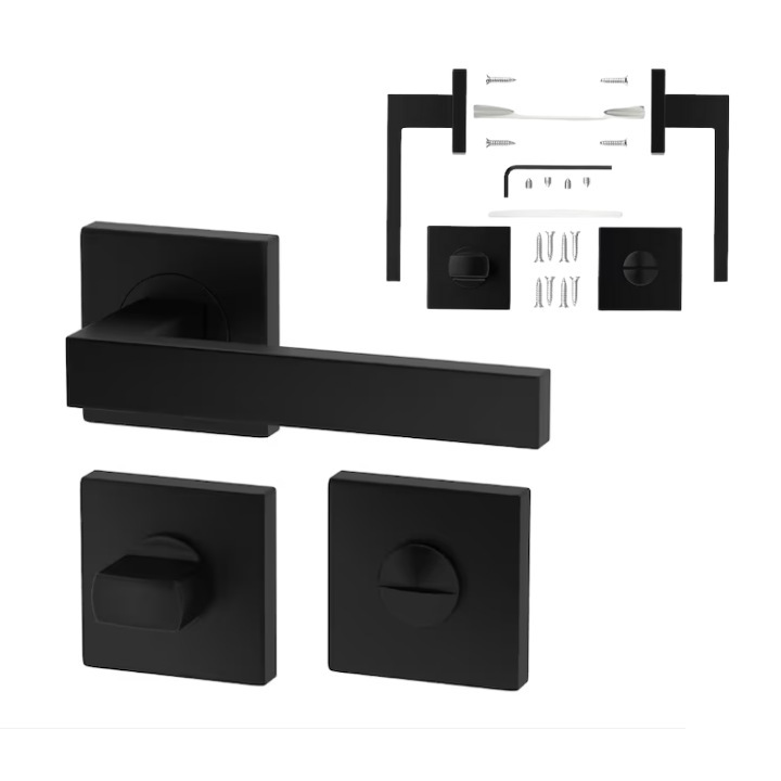 Set Maner Clanta Usa Interior cu Rozeta WC Baie, Dormitor, Otel Inox Mat Satinat Antiacorozi, Set Complet Montaj Profesional cu Tija Suruburi, Reversibil 50-52mm, Standard, Premium, Negru