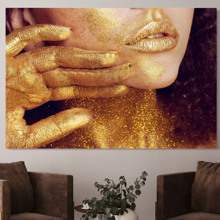 Премиум картина върху платно, LuxCanva® A1055, Вълшебно момиче, 80 X 120 см, 100% памучно платно 400 г/м2, дървена рамка, Портрет, Жена, Златна, Чувствена, Абстрактна, Ярки цветове