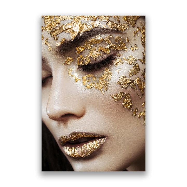 Картина на платно, LuxCanva® A1056, Gold Eyes, 70 X 100 CM, 100% памучно платно 400g/m2, Дървена рамка, Портрет, Жена, Злато, Чувствено, Абстракция, Живи цветове