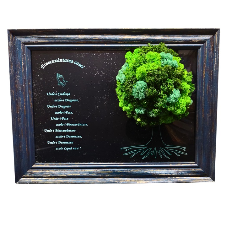 Tablou in rama A4 (30x21 cm) - Binecuvantarea Casei! v5 decorat cu licheni stabilizati verzi