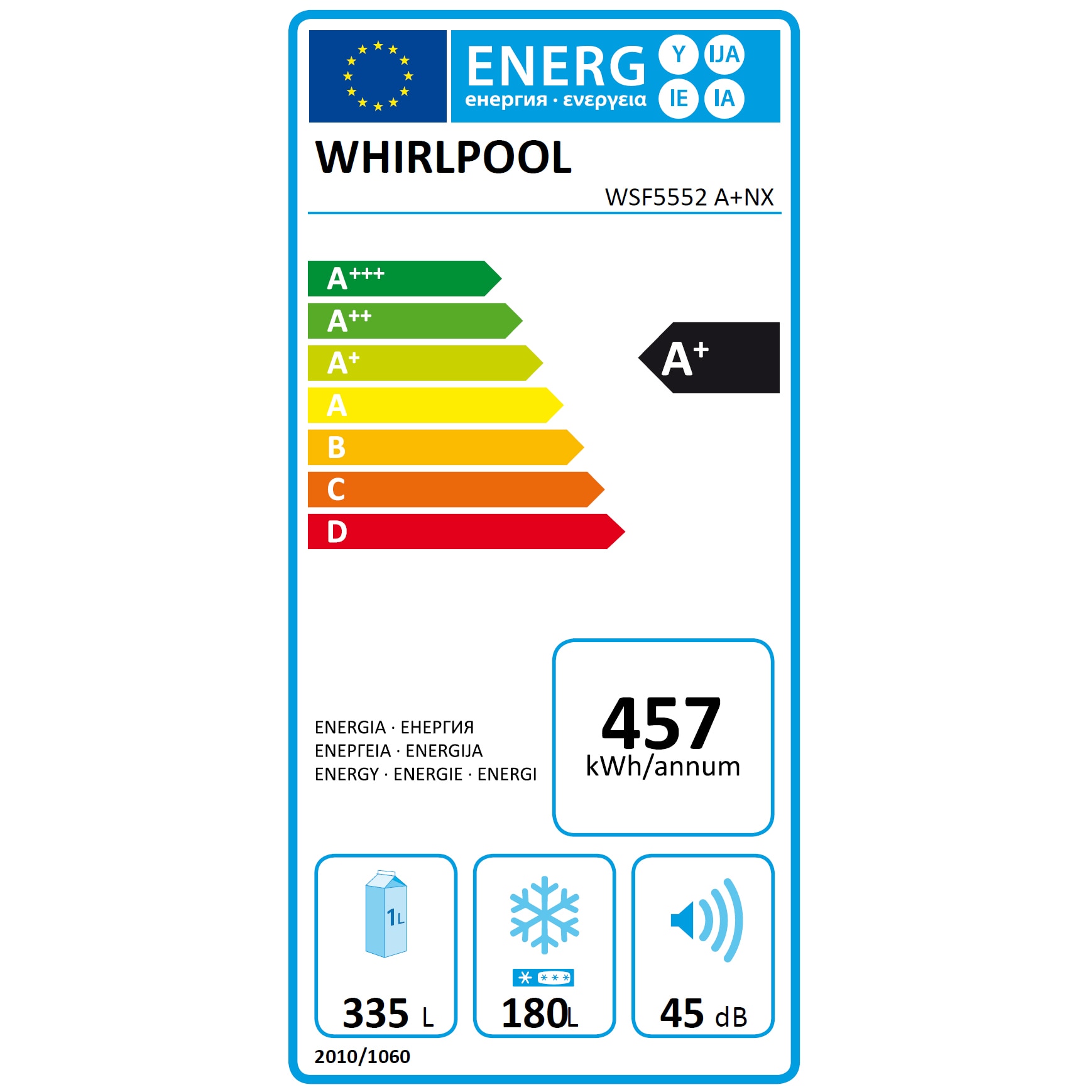 Side by Side 6th sense Whirlpool WSF 5552A+NX, 515 l, Clasa A+, H