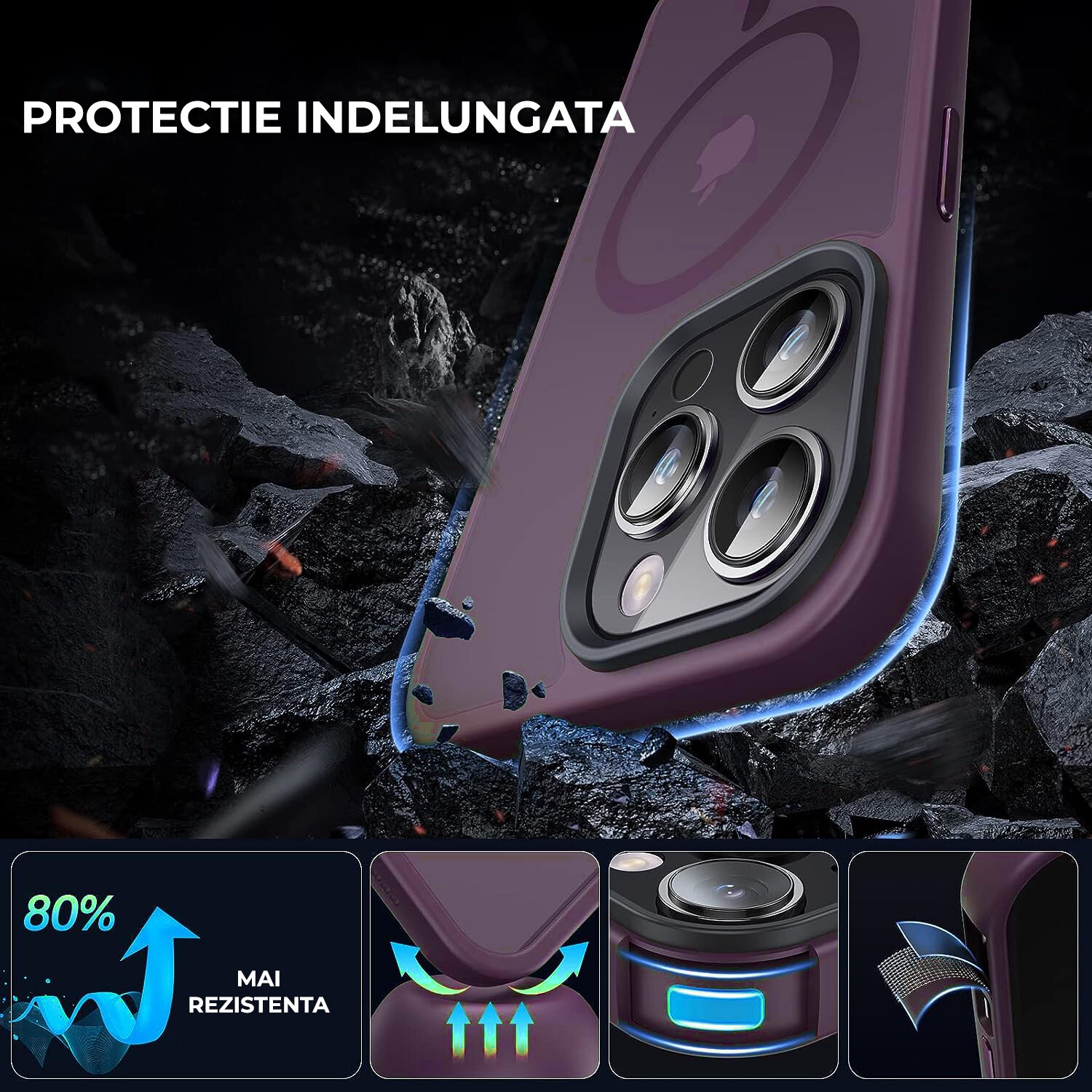 Husa pentru iPhone 15 Pro Premium Shockproof, Magsafe integrat, Calitate superioara, Antisoc, Protectie colturi, Visiniu
