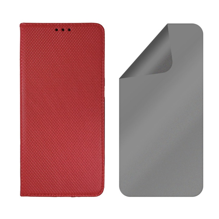 Комплект капаци от кожено фолио Leather and Privacy, съвместим с Huawei P8 Lite 2017 / P9 Lite 2017, текстурен дизайн, регенеративен хидрогел, анти-шпиониране, магнитно затваряне, интелигентно плавно затваряне, тип книга, джоб за портфейл, червен