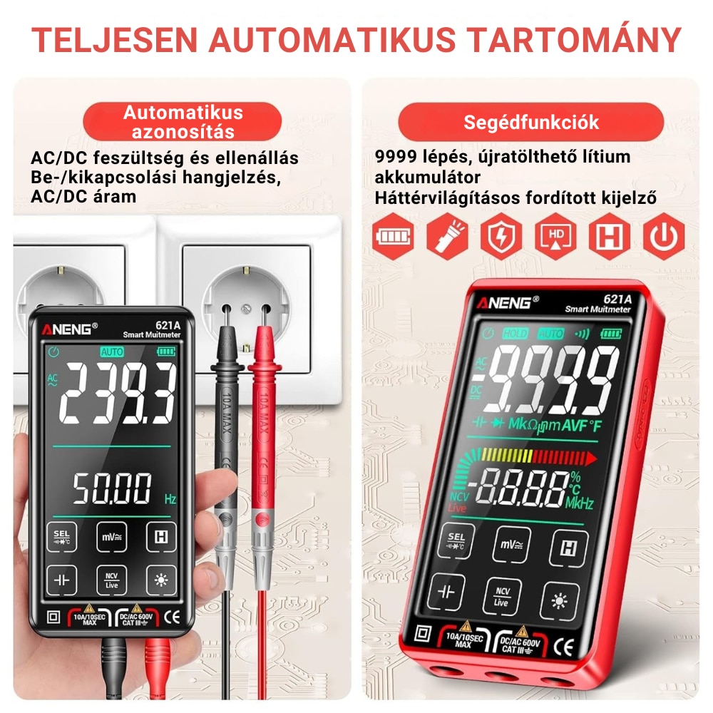 Digitális multiméter ANENG 621A, 4,5 hüvelykes LCD kijelző, automatikus ...