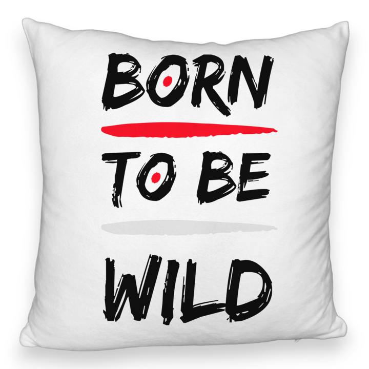 Személyre szabott bolyhos párna, Born to Be Wild modell, 40x40 cm, fehér, levehető huzat, fújtató