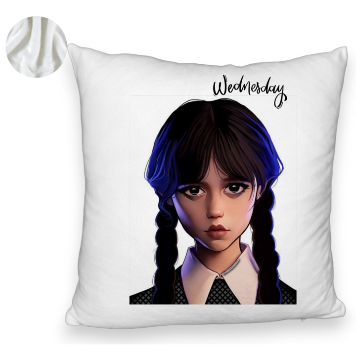 Пухкава персонализирана възглавница, модел Wednesday Addams 8,40x40 см, бяла, подвижна калъфка, маншон