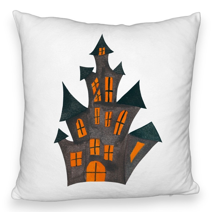 Bolyhos dekorpárna Halloween motívummal 6, 40x40 cm, fehér, levehető huzat, fújtató
