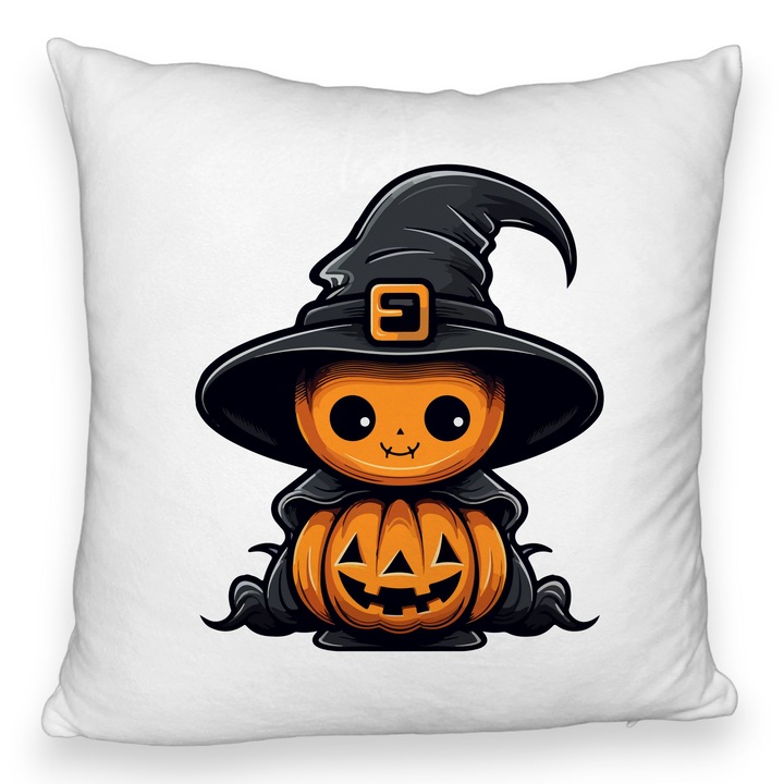 Perna Decorativa Fluffy cu motiv de Halloween 1, 40x40 cm, Alba, Husa Detasabila, Burduf